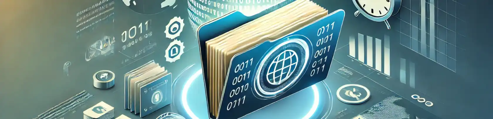 Trendy vektorgrafik, der illustrerer digital arkivering og historisk bevaring. Billedet viser en mappe med binære koder og hjemmesider, omgivet af symboler som et ur, en globus og et kort over en dansk by. Baggrunden har gradienter i blå og grønne nuancer, der giver et moderne og professionelt udtryk.