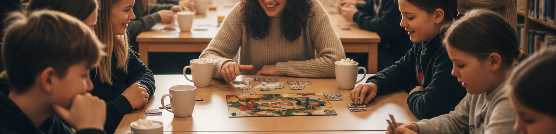 AI genereret billed der forestiller børn og en voksen der sidder om et bord og spiller brætspil med varm kakao og skumfidusser i kopper ved deres side