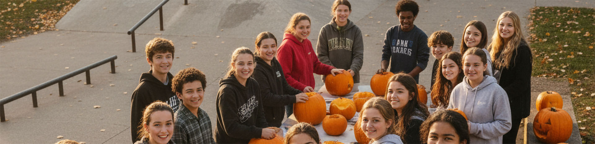 AI genereret billede der forestiller en masse unge mennesker i gang med at skære græskar hoveder foran en bygning og en skaterbane