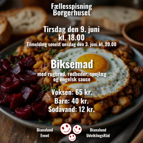Fællesspisning - Voksen - Biksemad med rugbrød, rødbeder, spejlæg og engelsk sauce