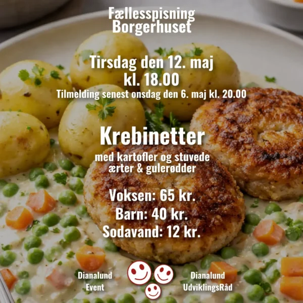 Fællesspisning - Voksen - Krebinetter med kartofler og stuvet grønærter og gulerødder