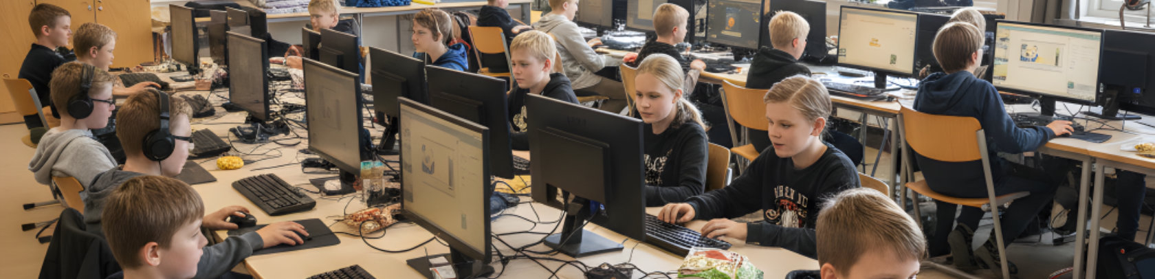 Børn der sidder ved langt bord foran hver deres computerskærm, med mus og tastatur foran sig, nogen med hovedtelefoner på. Aller er meget optaget af hvad der sker på skærmen.