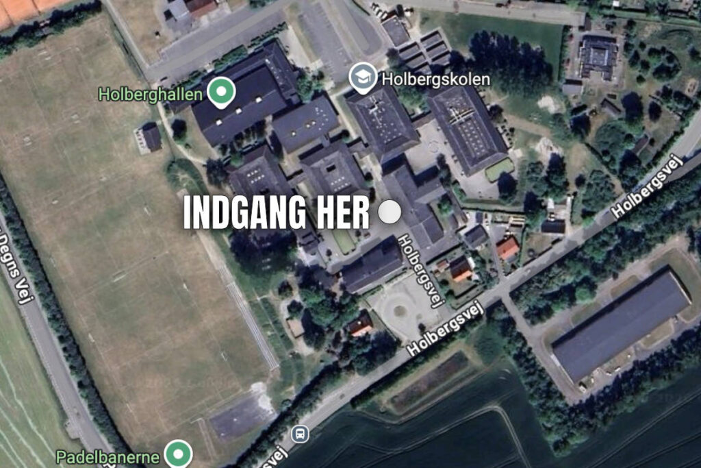 Google maps kort med markering af hvor indgangen er
