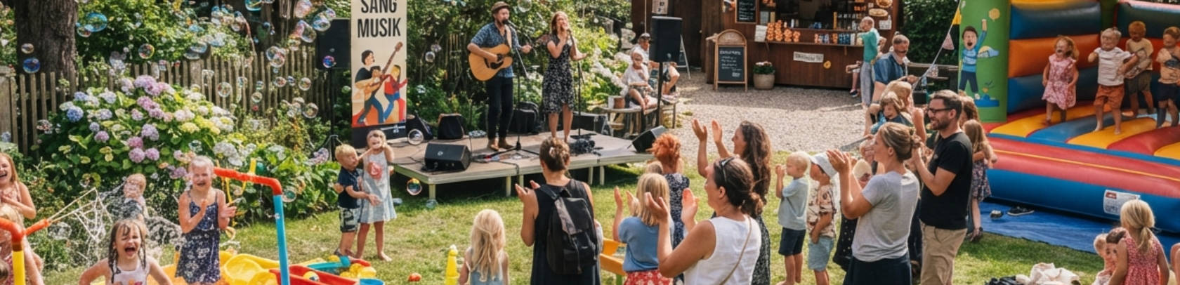 AI genereret billede af en scene med to musikere og et lille anatl voksne og børn foran i en større have